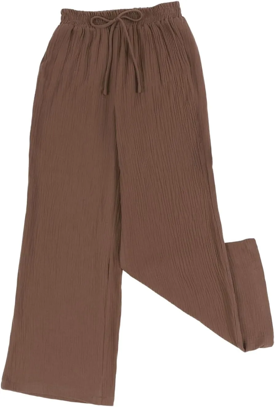 SHIPE Women Casual Linen Pants Drawstring Elastic Waist Loose Fit Wide Leg Pants S-2XL