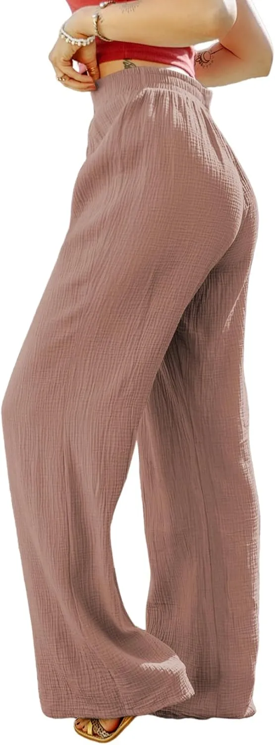 SHIPE Women Casual Linen Pants Drawstring Elastic Waist Loose Fit Wide Leg Pants S-2XL