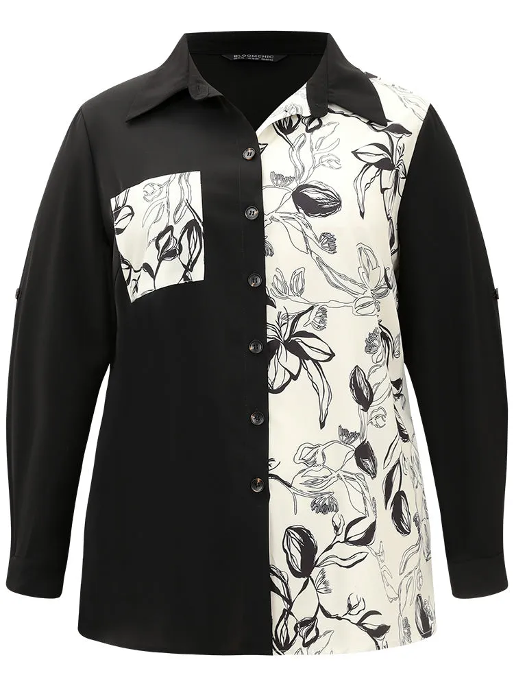 Silhouette Floral Print Shirt Collar Contrast Blouse