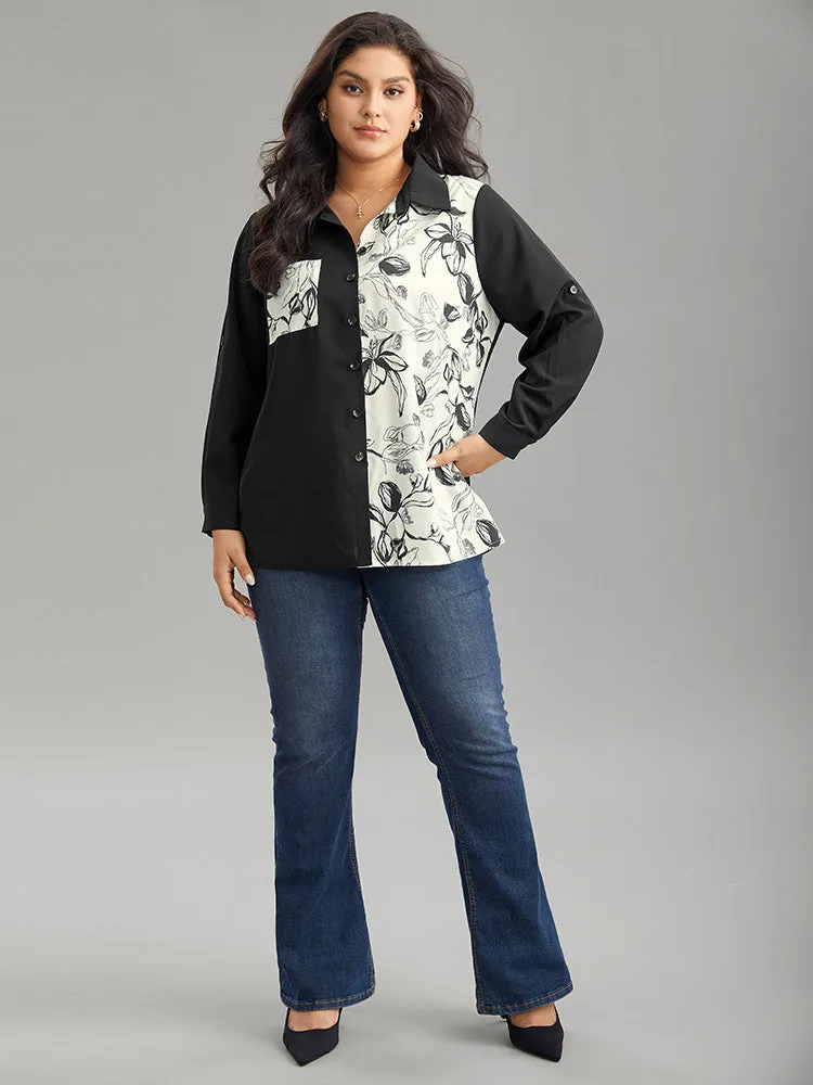 Silhouette Floral Print Shirt Collar Contrast Blouse