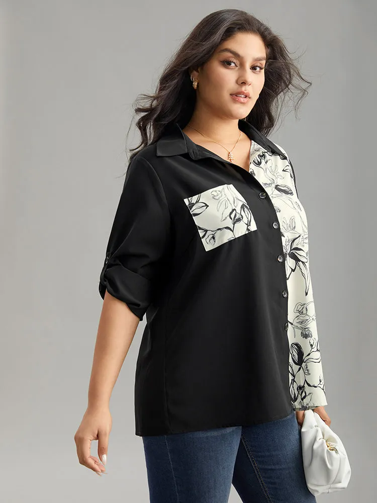 Silhouette Floral Print Shirt Collar Contrast Blouse