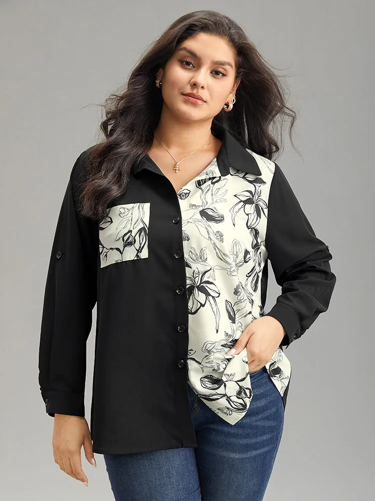 Silhouette Floral Print Shirt Collar Contrast Blouse