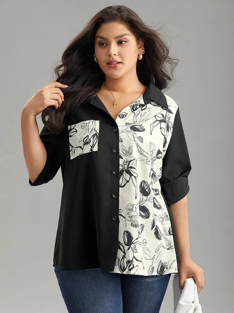 Silhouette Floral Print Shirt Collar Contrast Blouse
