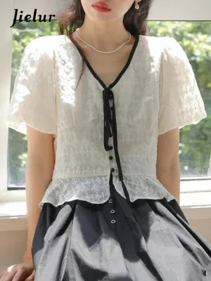 Solid Color Embroidery V-neck Women's Shirts Lace Puff Sleeve Fashion Female Open Stitch French Style Vintage Streetwear