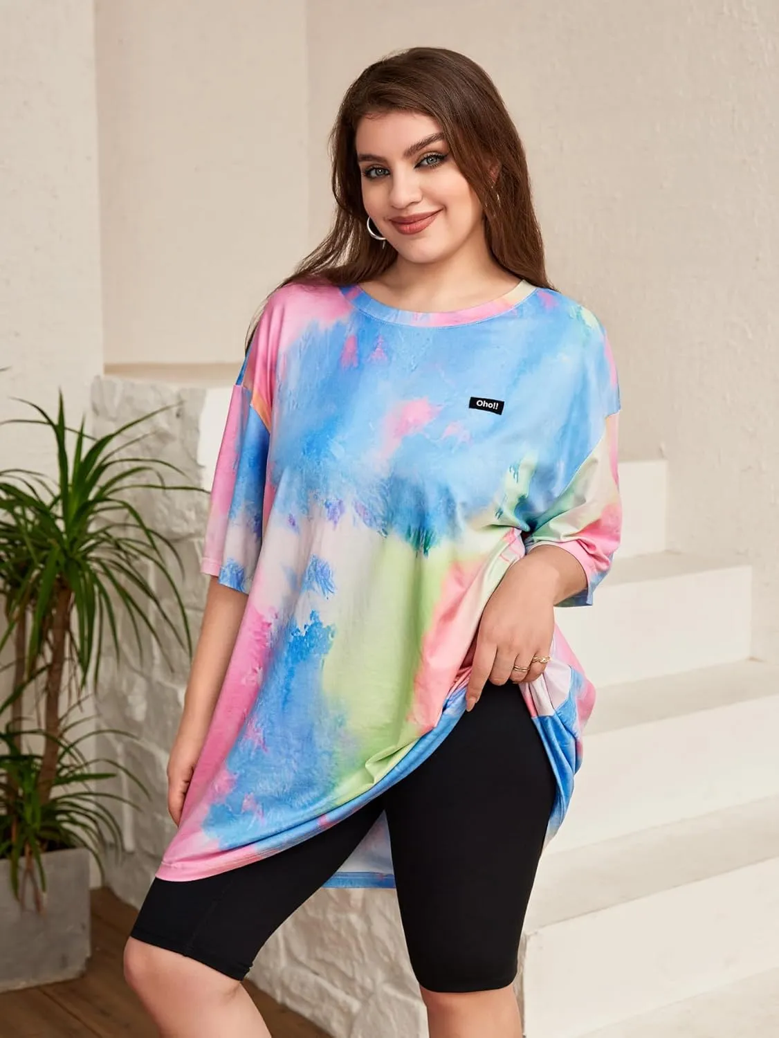 SOLY HUX Women's Plus Tie Dye Letter Drop Shoulder Half Sleeve Casual Tee Oversized T Shirt