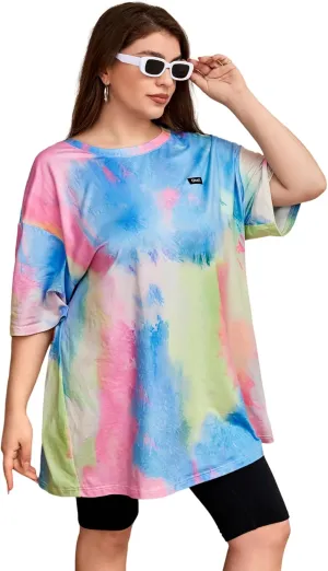 SOLY HUX Women's Plus Tie Dye Letter Drop Shoulder Half Sleeve Casual Tee Oversized T Shirt