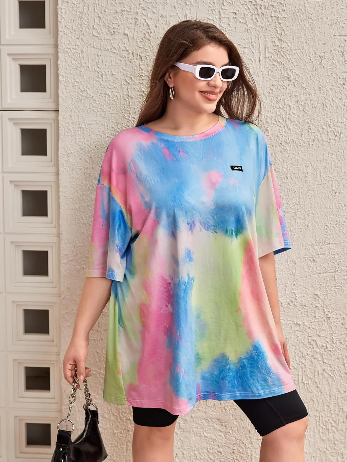 SOLY HUX Women's Plus Tie Dye Letter Drop Shoulder Half Sleeve Casual Tee Oversized T Shirt