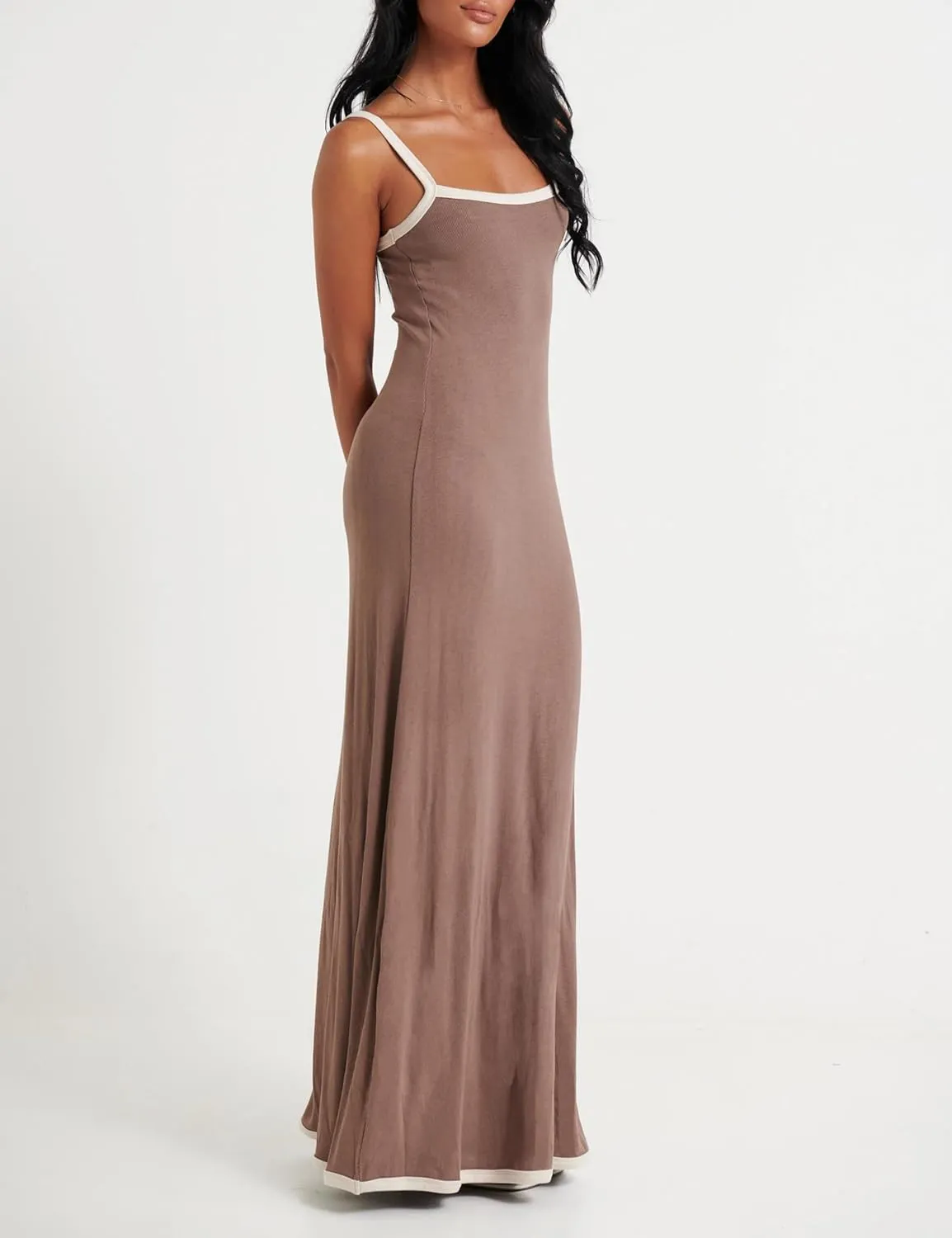 Summer Knit Maxi Dress Sleeveless Contrasting Edges Elasticated Straps Long A-Line Bodycon Slim Dress