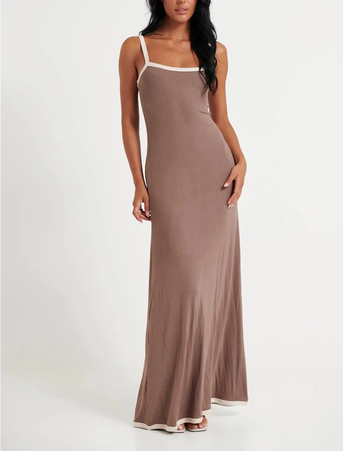 Summer Knit Maxi Dress Sleeveless Contrasting Edges Elasticated Straps Long A-Line Bodycon Slim Dress