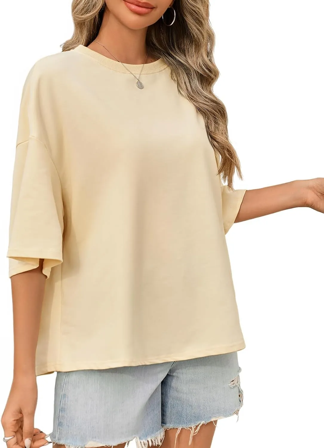 Tankaneo Womens Oversized Tshirts 3/4 Sleeve Drop Shoulder Tops Summer Casual Loose Fit Basic Tee Shirts