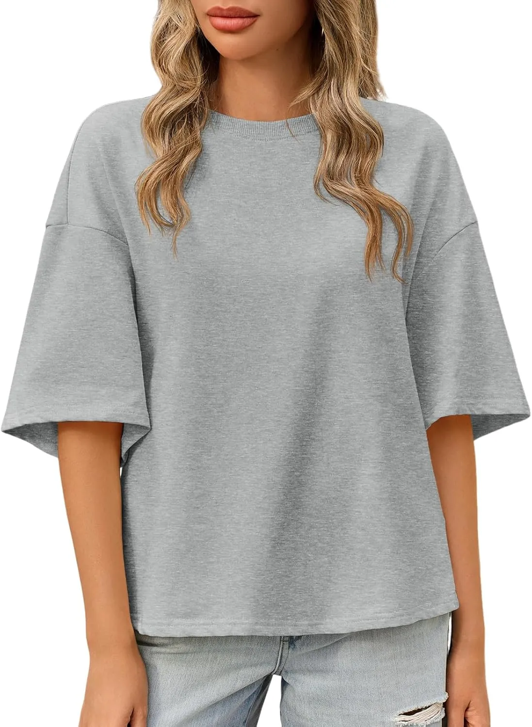 Tankaneo Womens Oversized Tshirts 3/4 Sleeve Drop Shoulder Tops Summer Casual Loose Fit Basic Tee Shirts