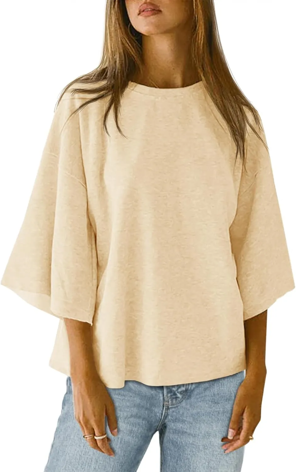 Tankaneo Womens Oversized Tshirts 3/4 Sleeve Drop Shoulder Tops Summer Casual Loose Fit Basic Tee Shirts