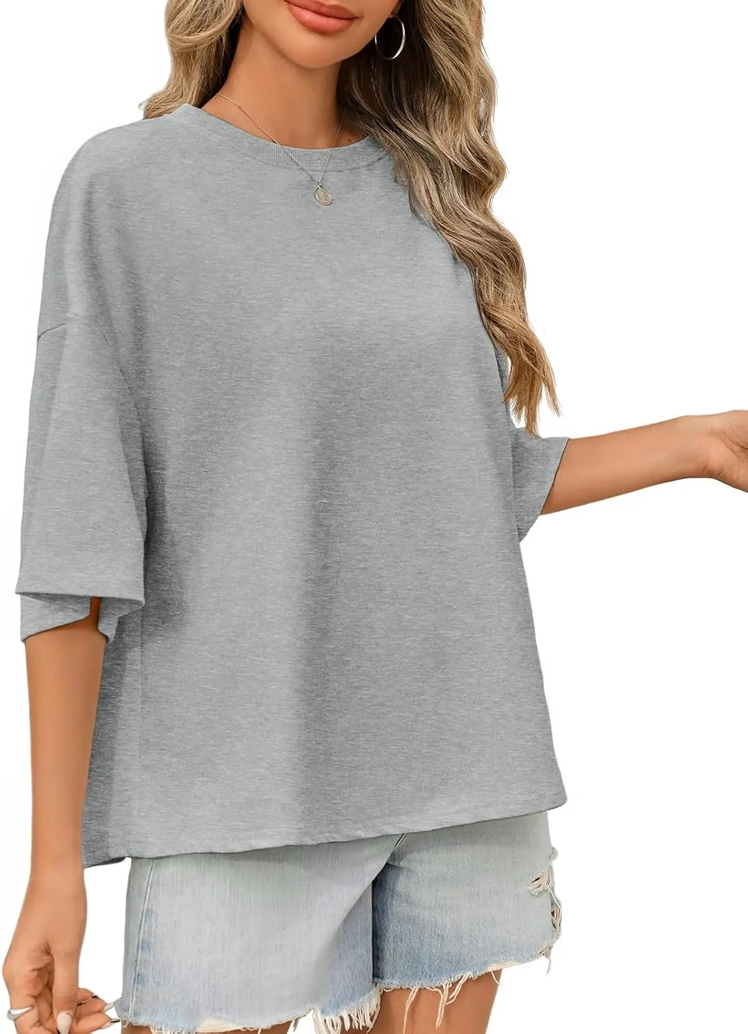 Tankaneo Womens Oversized Tshirts 3/4 Sleeve Drop Shoulder Tops Summer Casual Loose Fit Basic Tee Shirts