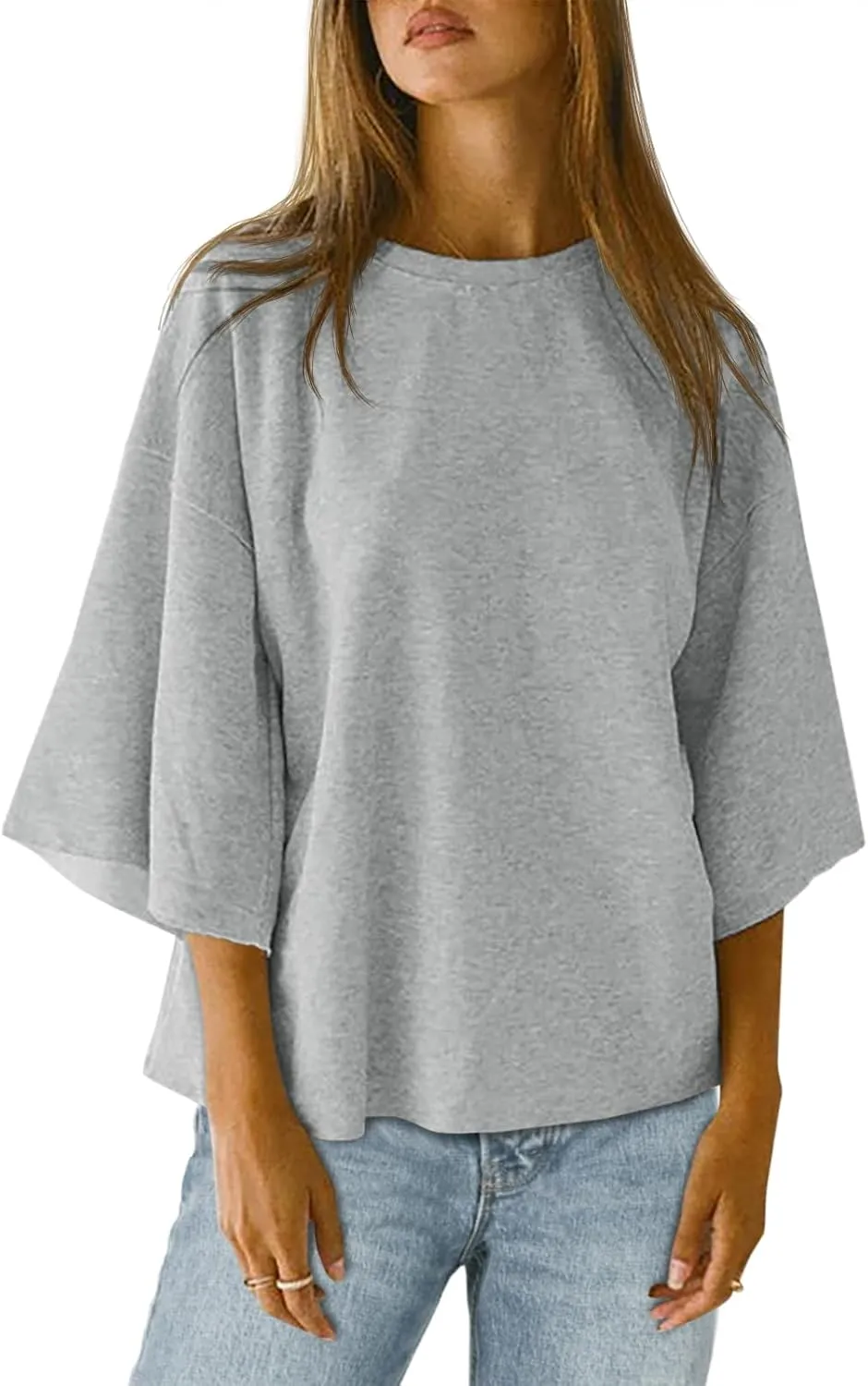 Tankaneo Womens Oversized Tshirts 3/4 Sleeve Drop Shoulder Tops Summer Casual Loose Fit Basic Tee Shirts