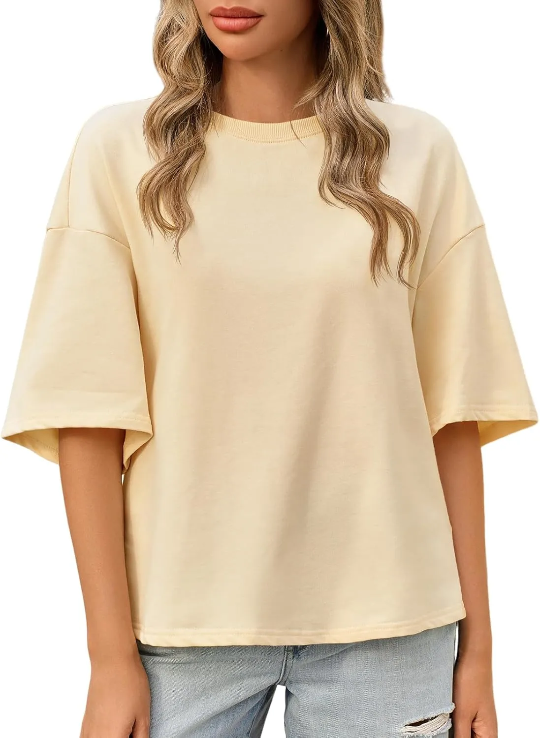 Tankaneo Womens Oversized Tshirts 3/4 Sleeve Drop Shoulder Tops Summer Casual Loose Fit Basic Tee Shirts
