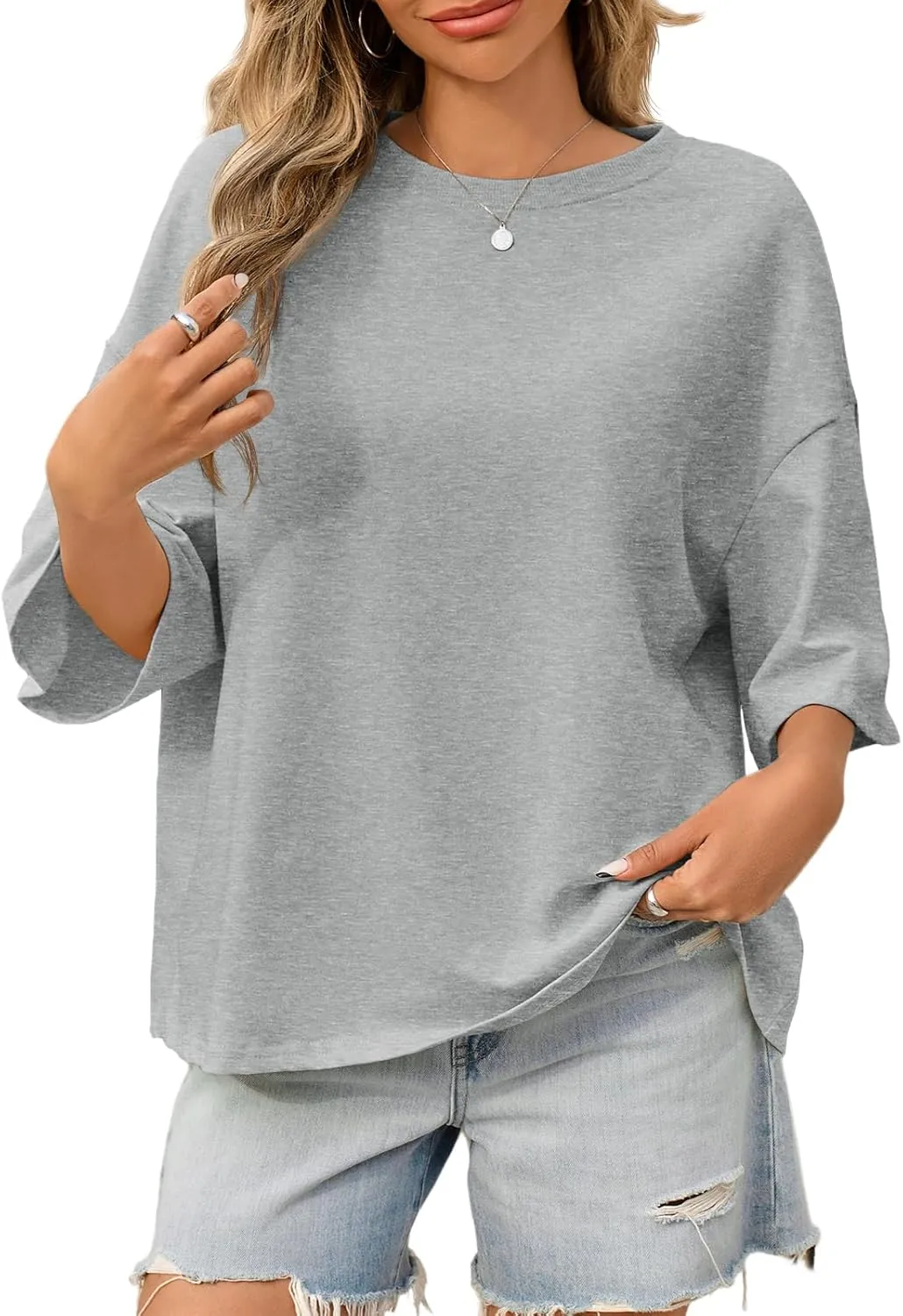 Tankaneo Womens Oversized Tshirts 3/4 Sleeve Drop Shoulder Tops Summer Casual Loose Fit Basic Tee Shirts