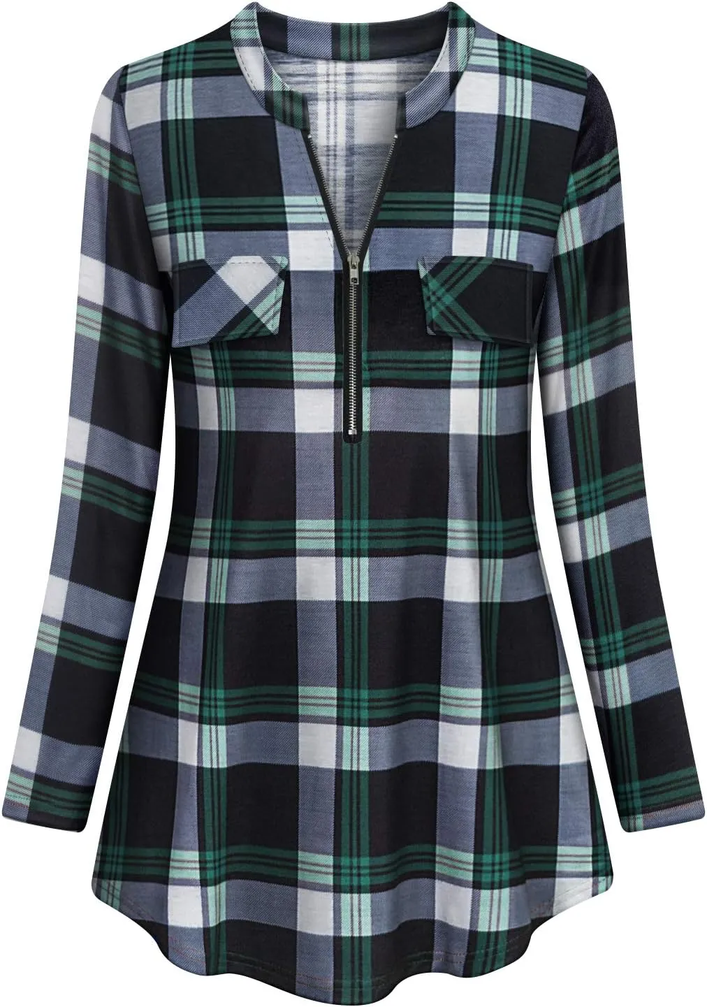 Tanst Sky Womens Casual Long Sleeve Zipped V Neck Plaid Tunic Blouses