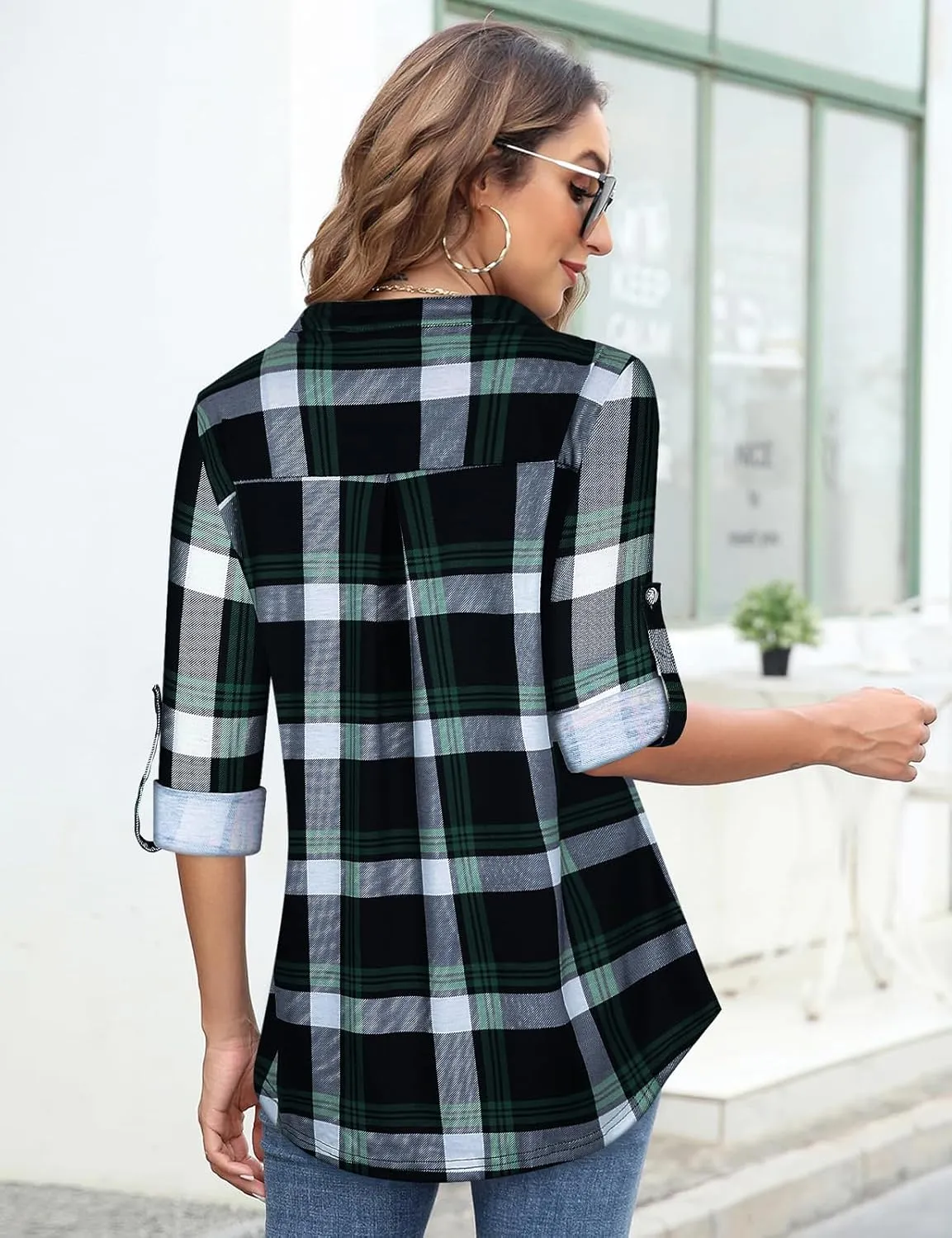 Tanst Sky Womens Casual Long Sleeve Zipped V Neck Plaid Tunic Blouses