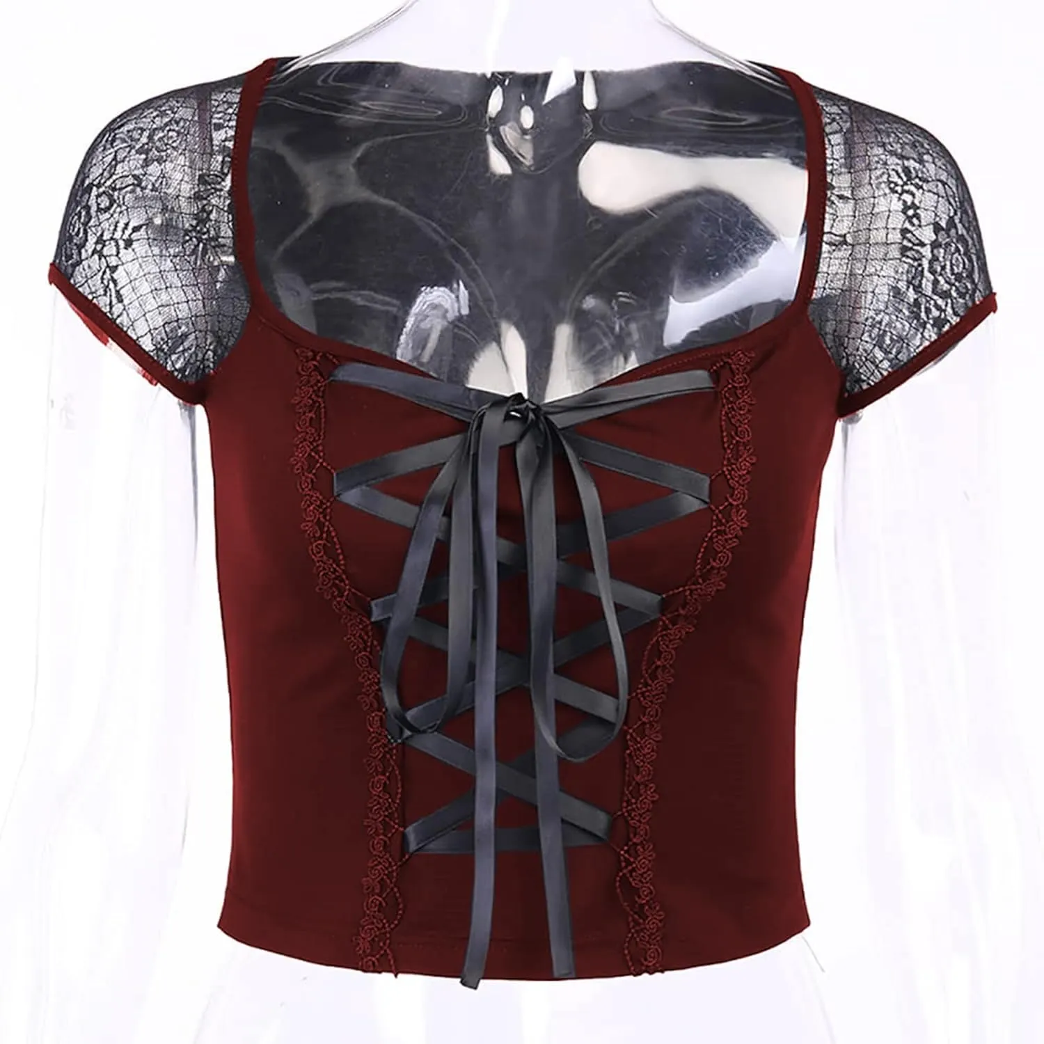 TSMNZMU Womens Gothic Crop Tops Mesh Short Sleeve Punk Alt Shirt Grunge Harajuku Emo Tops with Bandage