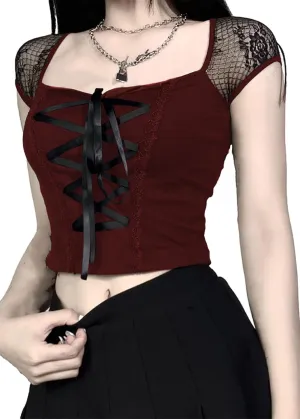 TSMNZMU Womens Gothic Crop Tops Mesh Short Sleeve Punk Alt Shirt Grunge Harajuku Emo Tops with Bandage