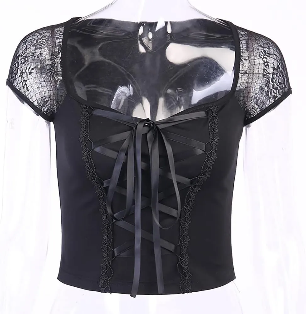 TSMNZMU Womens Gothic Crop Tops Mesh Short Sleeve Punk Alt Shirt Grunge Harajuku Emo Tops with Bandage