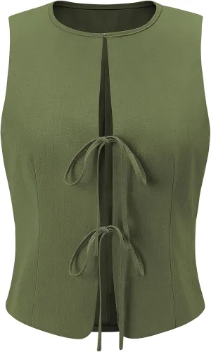 UEU Womens Tie Front Vest Top Bow Open Front Crop Tank Tops Summer Casual Sleeveless Shirt 2025 Y2K Trendy Outfits