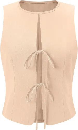 UEU Womens Tie Front Vest Top Bow Open Front Crop Tank Tops Summer Casual Sleeveless Shirt 2025 Y2K Trendy Outfits