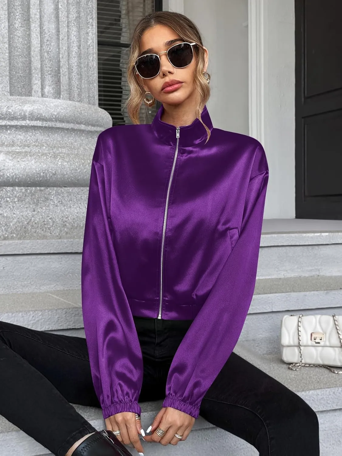 Verdusa Women's Bomber Satin Lightweight Jacket Drop Shoulder Long Sleeve Zip Up Outerwear