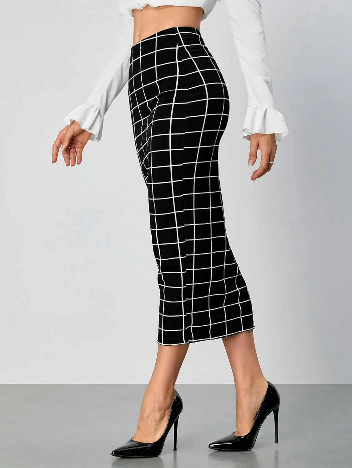 Verdusa Women's Elegant Plaid Elastic Waist Bodycon Midi Skirt