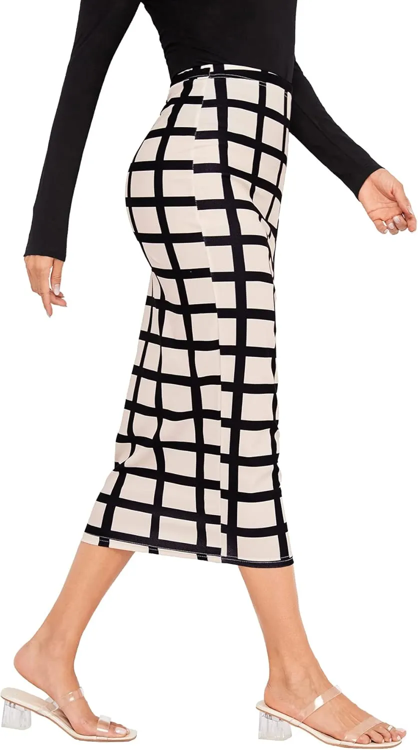 Verdusa Women's Elegant Plaid Elastic Waist Bodycon Midi Skirt