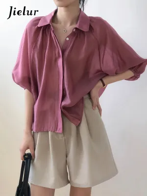Vintage Lantern Sleeve Loose Women's Shirts French Style Elegant Solid Color Female Shirt Summer Single Breasted Shirts