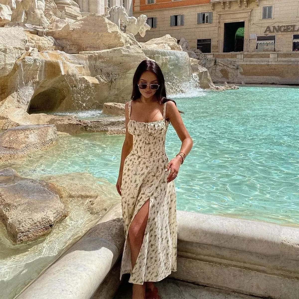 Women Floral Corset Dress Summer Dress 2024 Boho Flowy Slit Lace Up Midi Dresses Going Out A Line Casual Sundress