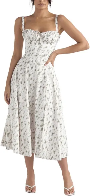 Women Floral Corset Dress Summer Dress 2024 Boho Flowy Slit Lace Up Midi Dresses Going Out A Line Casual Sundress