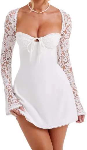 Women Lace Dress Elegant Long Sleeve Lace Patchwork Low Cut Mini Dress Backless Tie up Going Out Dress