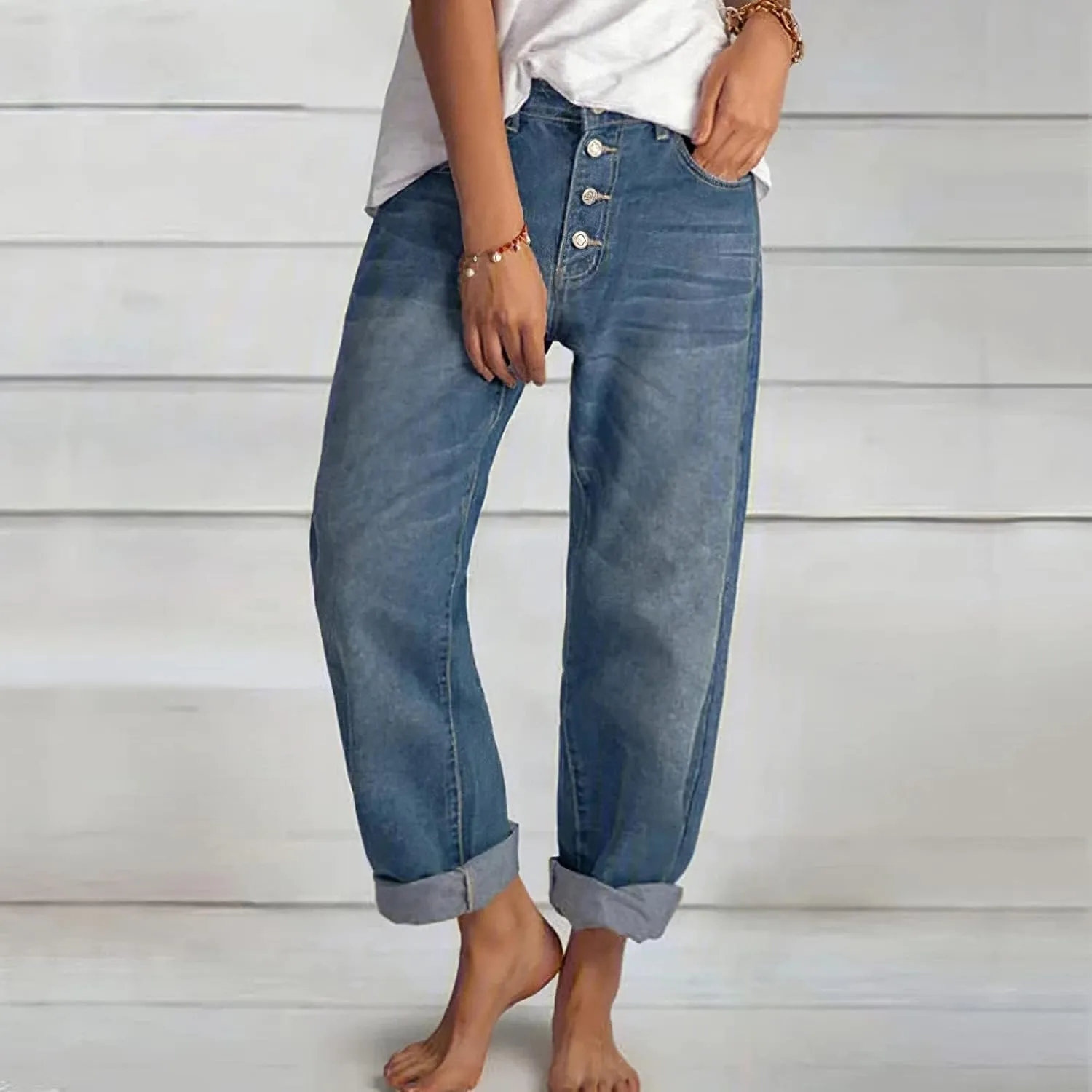 Women's Baggy Ankle Button Fly Jeans Casual Loose Straight Leg Button Cropped Cute Denim Pants