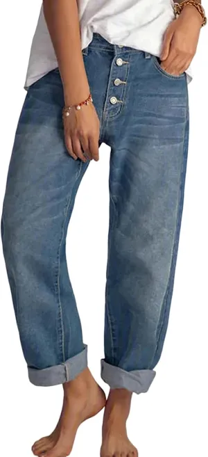 Women's Baggy Ankle Button Fly Jeans Casual Loose Straight Leg Button Cropped Cute Denim Pants