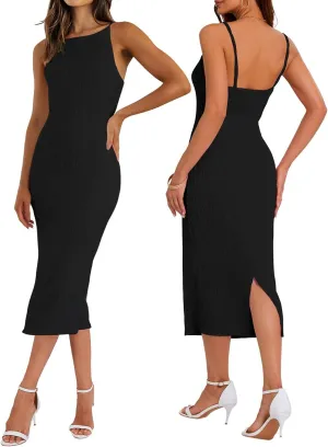 Women's Spaghetti Strap Bodycon Dress Sleeveless Knit Slit Midi Dresses Backless Cocktail Party Sexy Dress