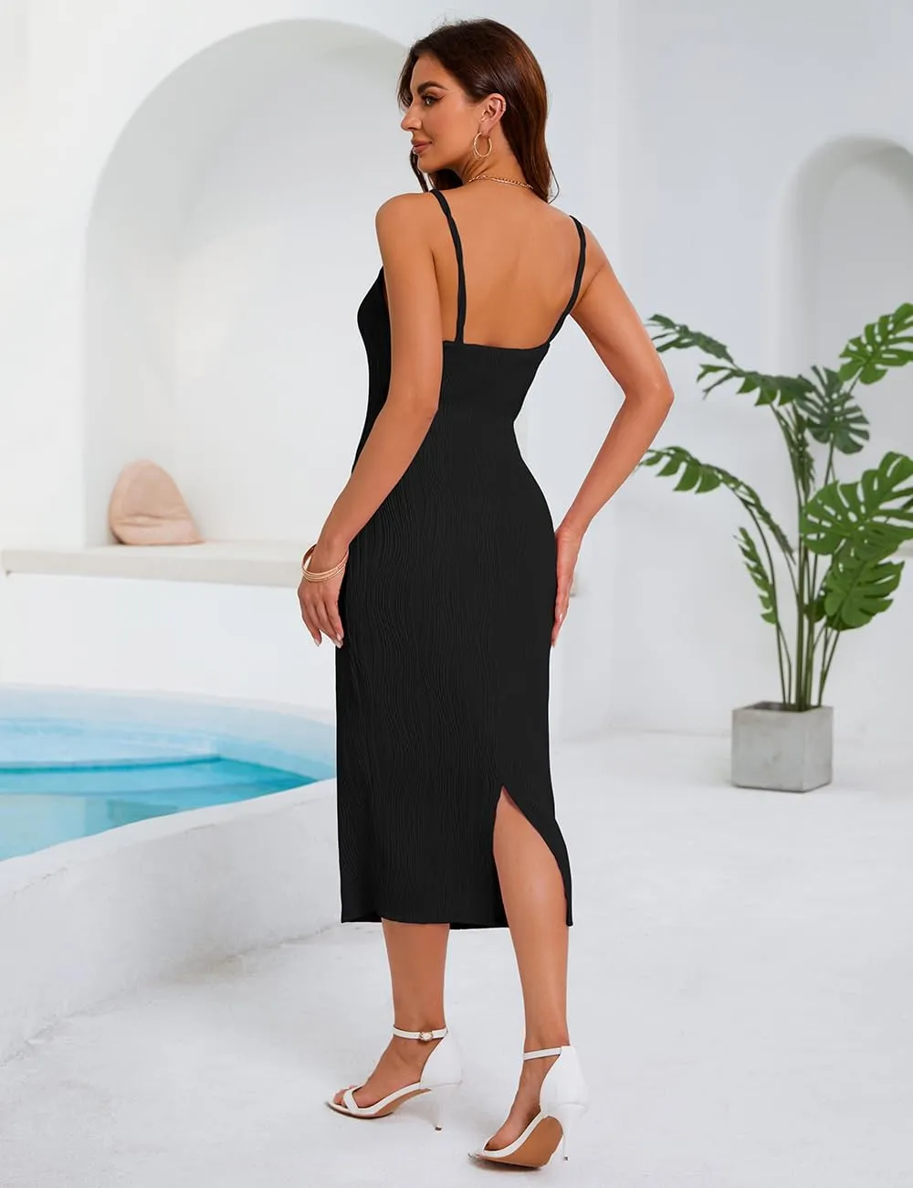 Women's Spaghetti Strap Bodycon Dress Sleeveless Knit Slit Midi Dresses Backless Cocktail Party Sexy Dress