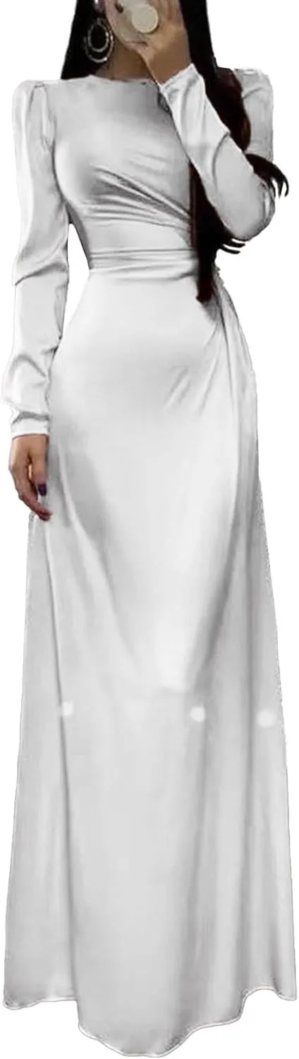 xxxiticat Women's Long Sleeve Satin Dress Formal Cocktail Wedding Guest Elegant Lace Up High Split Ruched Silky Maxi Dress
