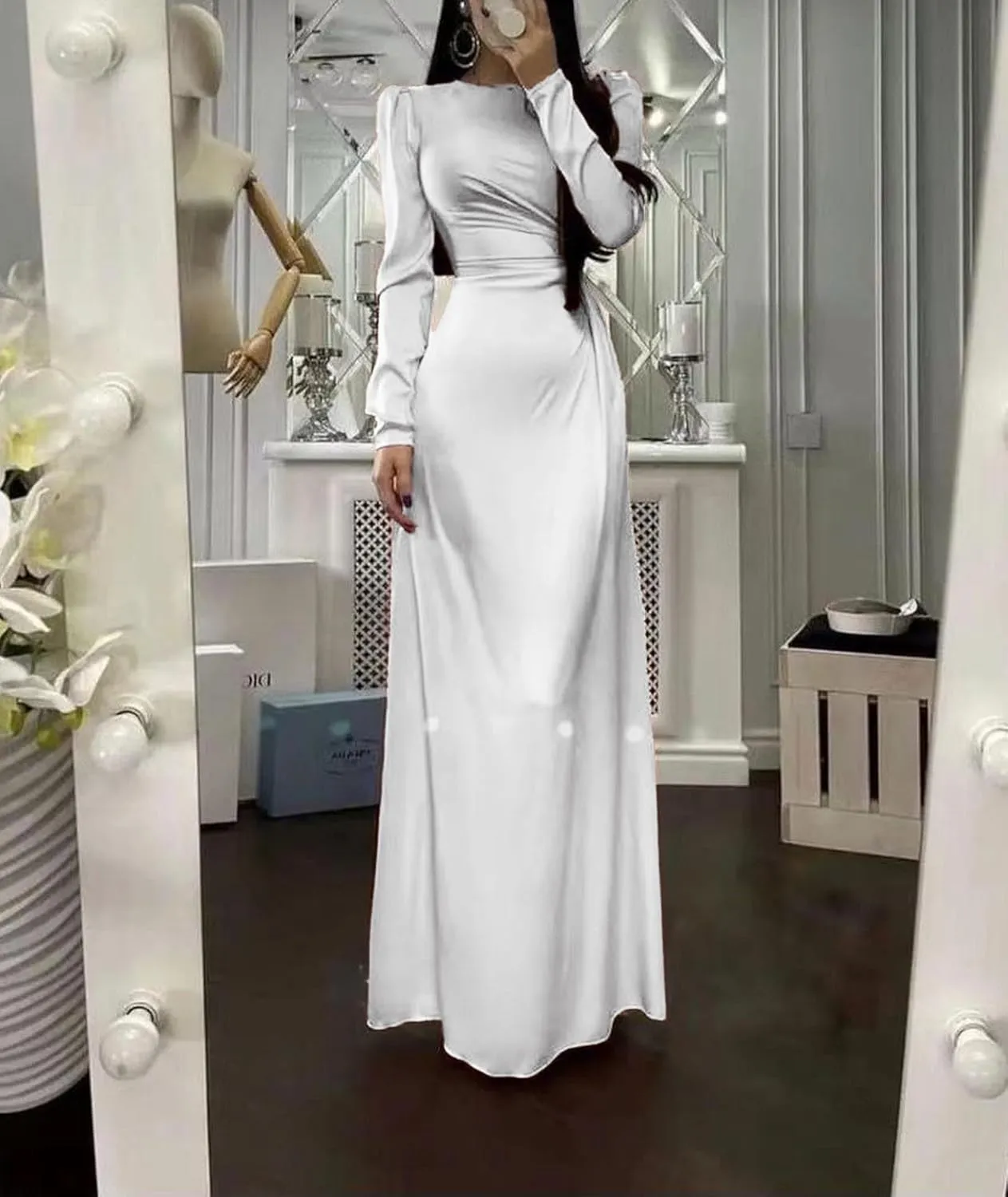 xxxiticat Women's Long Sleeve Satin Dress Formal Cocktail Wedding Guest Elegant Lace Up High Split Ruched Silky Maxi Dress