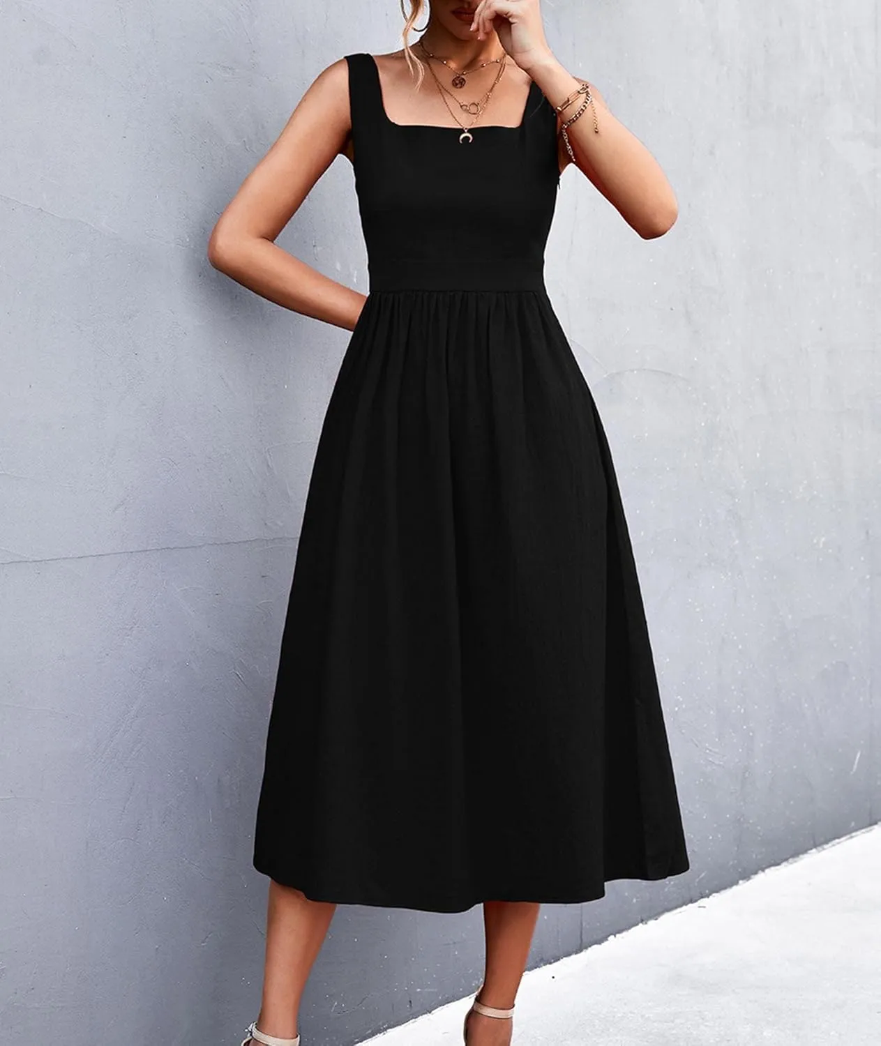 xxxiticat Women's Square Collar Casual Dress Sleeveless Pleated A-Line Summer Beach Boho Elegant Backless Midi Dress