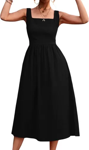 xxxiticat Women's Square Collar Casual Dress Sleeveless Pleated A-Line Summer Beach Boho Elegant Backless Midi Dress