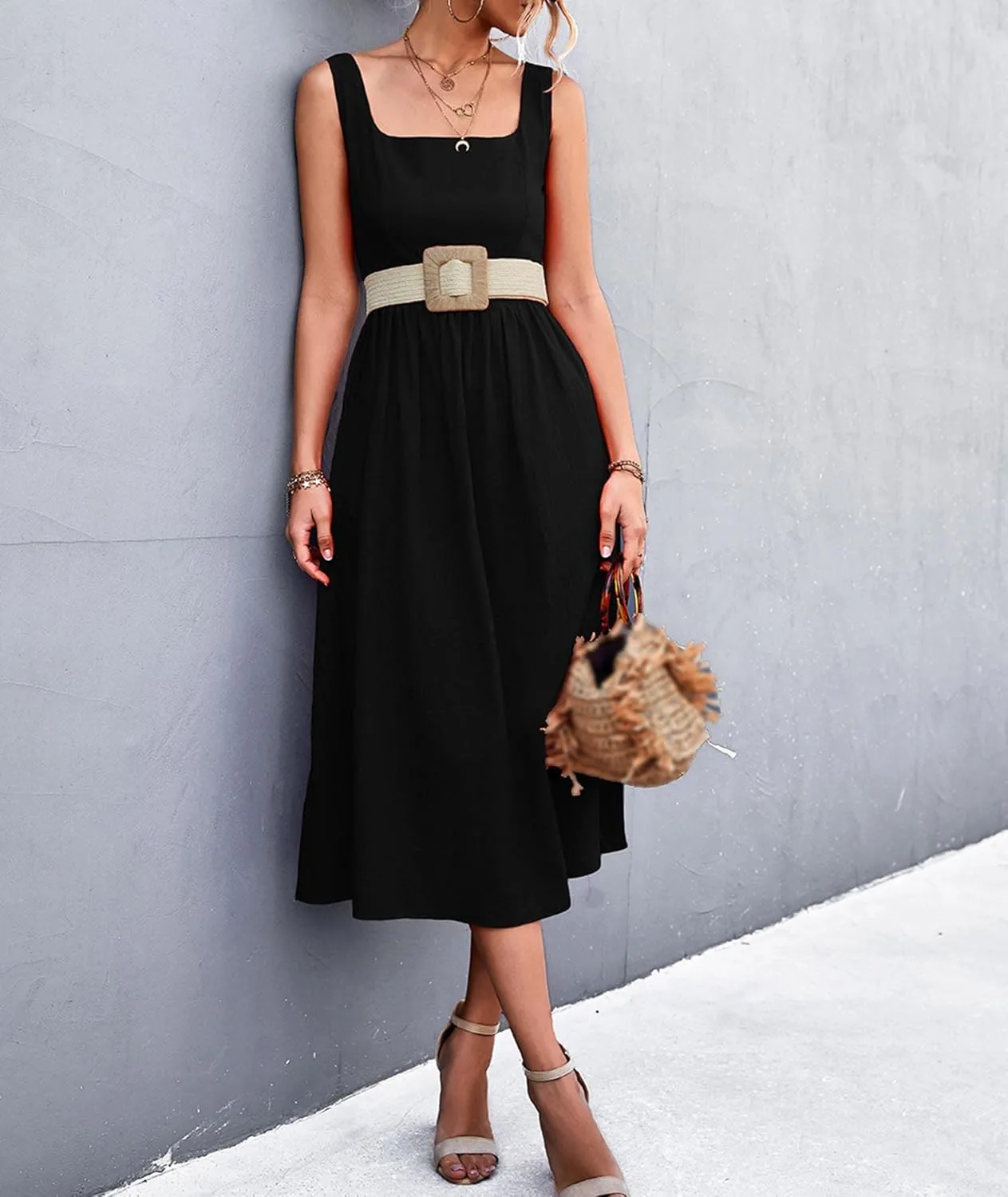 xxxiticat Women's Square Collar Casual Dress Sleeveless Pleated A-Line Summer Beach Boho Elegant Backless Midi Dress