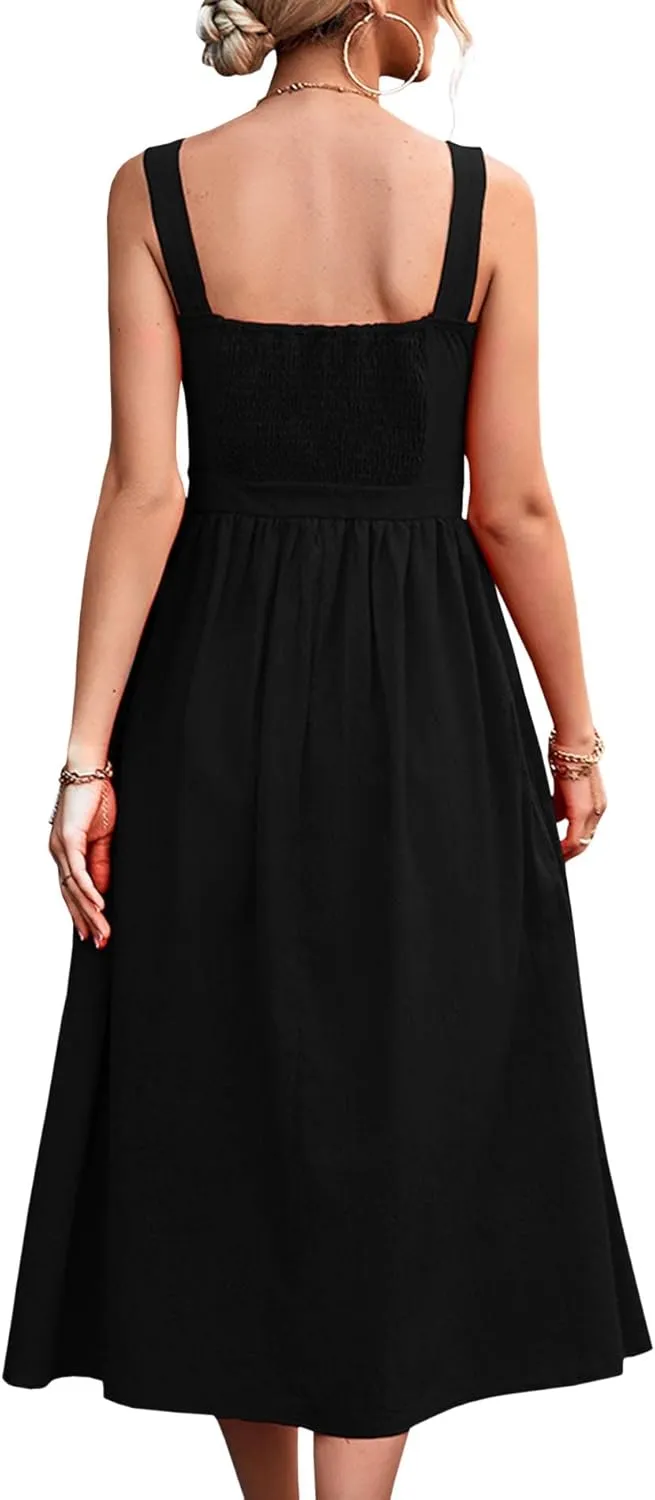 xxxiticat Women's Square Collar Casual Dress Sleeveless Pleated A-Line Summer Beach Boho Elegant Backless Midi Dress