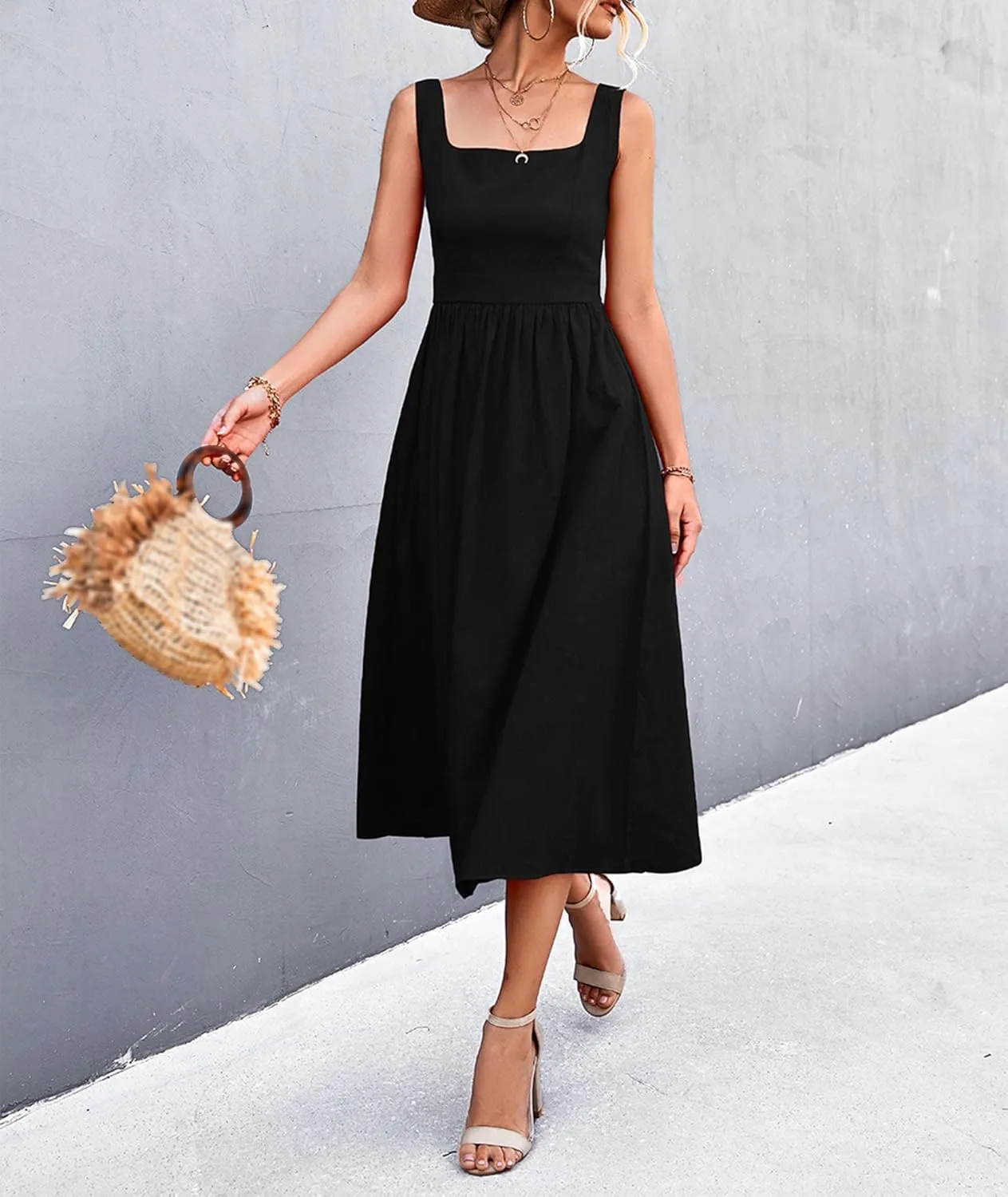 xxxiticat Women's Square Collar Casual Dress Sleeveless Pleated A-Line Summer Beach Boho Elegant Backless Midi Dress