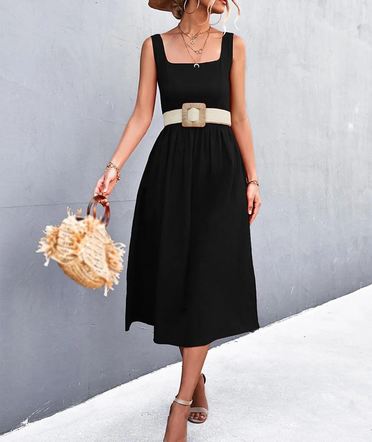 xxxiticat Women's Square Collar Casual Dress Sleeveless Pleated A-Line Summer Beach Boho Elegant Backless Midi Dress
