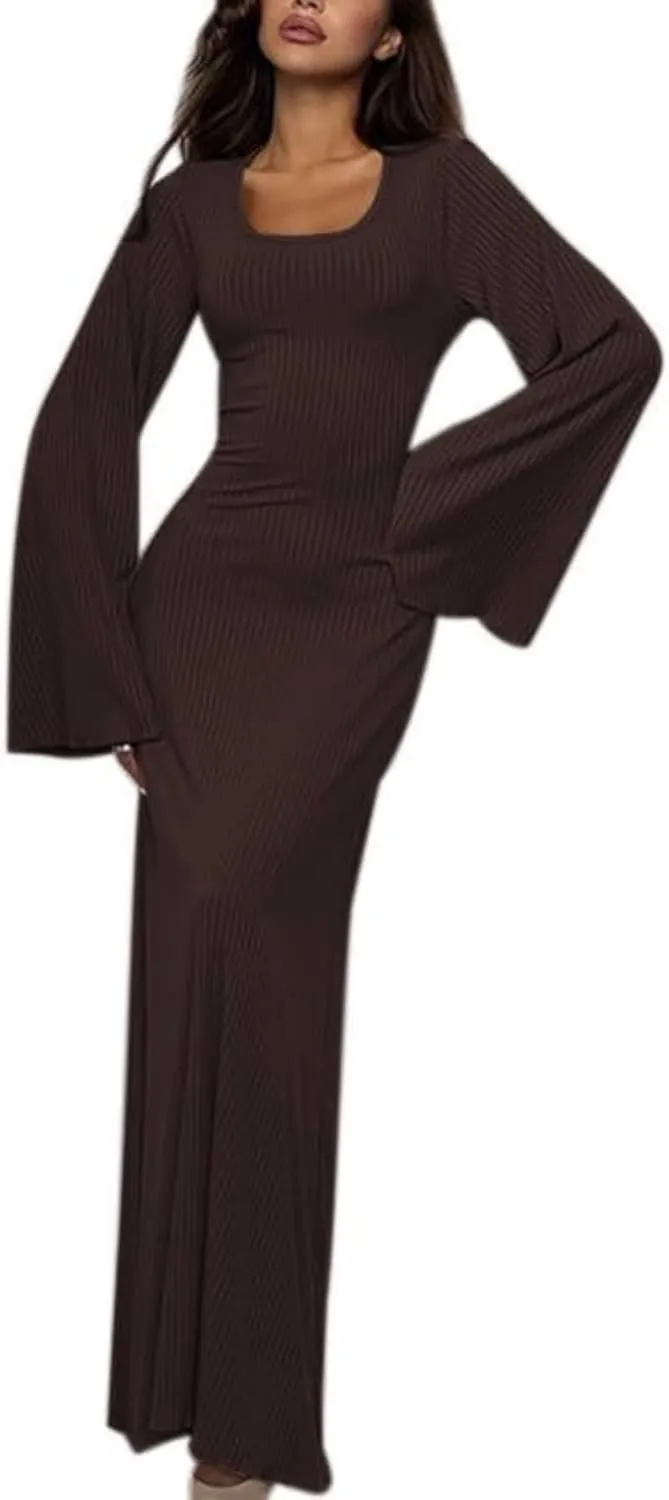 ZGMYC Women's Scoop Neck Lace Up Ribbed Maxi Dress Knit Flare Sleeve Bodycon Dress Loose Casual Long Dresses
