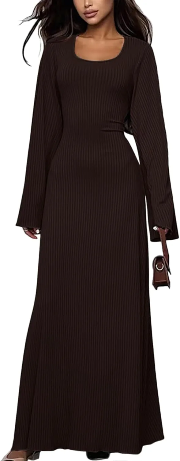 ZGMYC Women's Scoop Neck Lace Up Ribbed Maxi Dress Knit Flare Sleeve Bodycon Dress Loose Casual Long Dresses