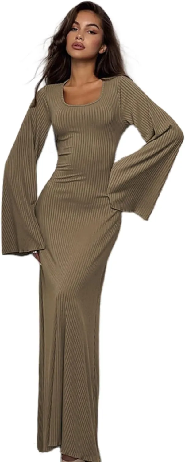ZGMYC Women's Scoop Neck Lace Up Ribbed Maxi Dress Knit Flare Sleeve Bodycon Dress Loose Casual Long Dresses