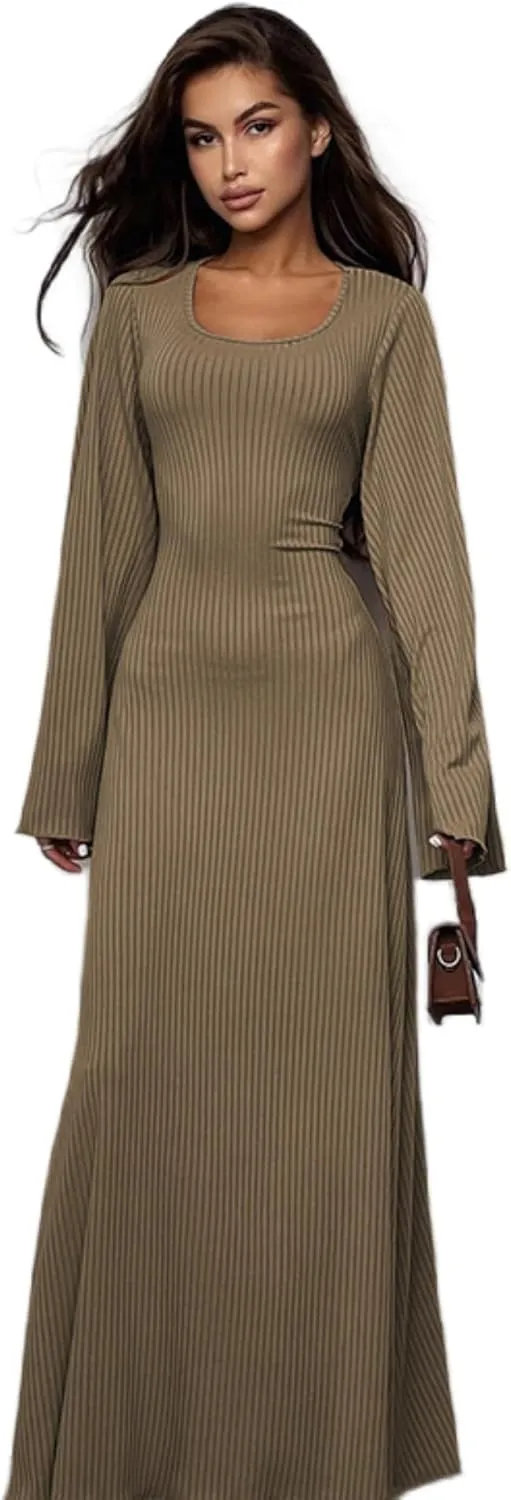 ZGMYC Women's Scoop Neck Lace Up Ribbed Maxi Dress Knit Flare Sleeve Bodycon Dress Loose Casual Long Dresses